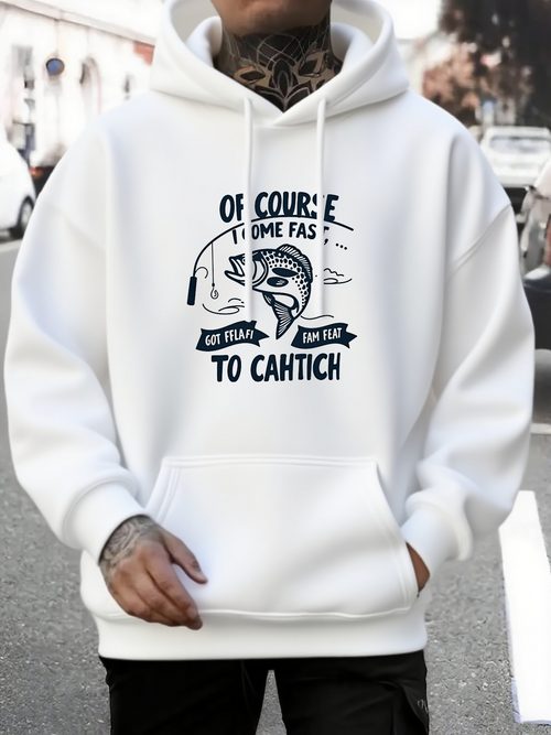 Men's Graphic Hoodie Of Course It Comes Fast Catching Big Fish With Fun Cartoon Face