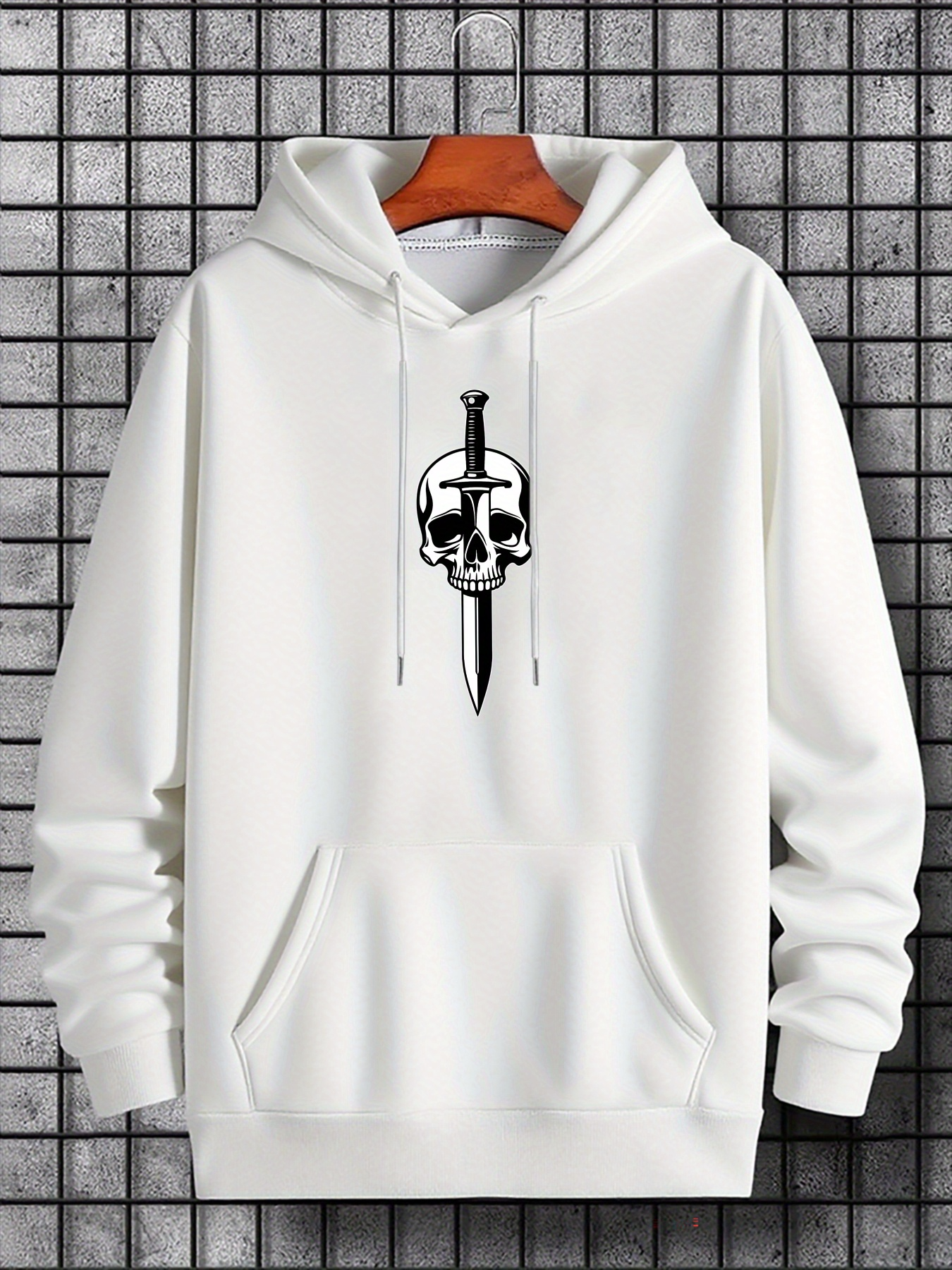 Men's Graphic Hoodie Bold Black Dagger Piercing A Grim Skull Hoodie