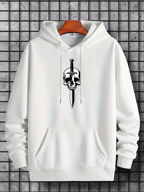 Men's Graphic Hoodie Bold Black Dagger Piercing A Grim Skull Hoodie