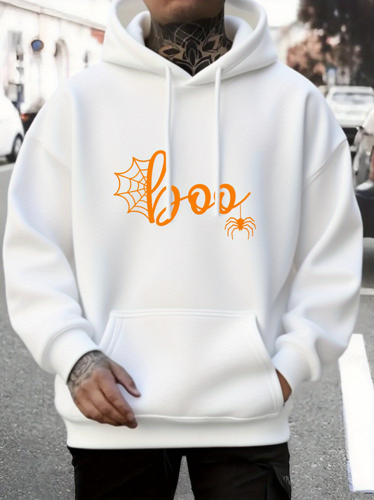 Men's Graphic Hoodie Boo With Orange Web And Cute Halloween Spider