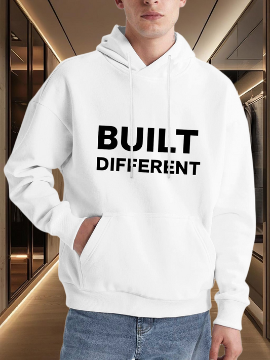 Men's Graphic Hoodie Built Different Bold Letters On Clean White Hoodie