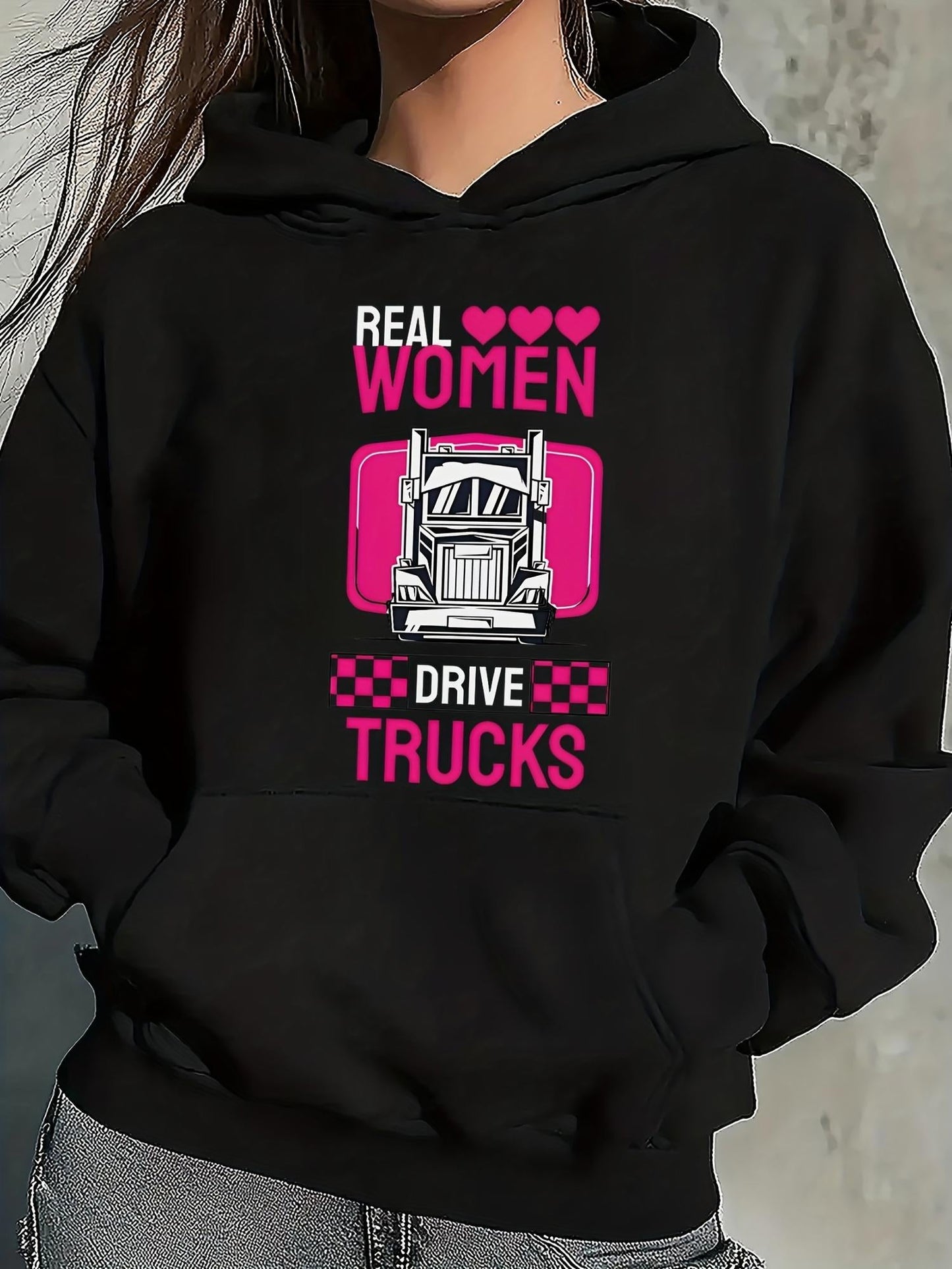 Women's Graphic Hoodie Real Women With Hot Pink Checkered Blocks And Strong Chrome Semi Truck