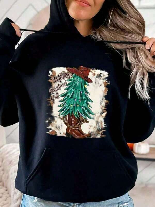 Women's Graphic Hoodie Rugged Forest Among Vintage Brown Accent Christmas Tree