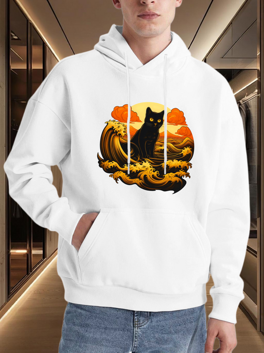 Men's Graphic Hoodie Fiery Sunset With Rolling Waves And Majestic Black Cat