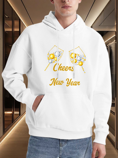 Men's Graphic Hoodie Cheers New Year Sparkling Gold Confetti And Clinking Glasses Celebration