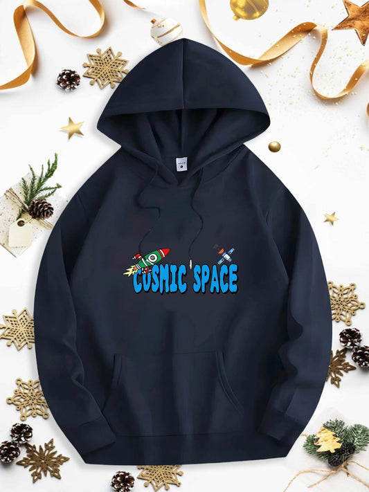 Men's Graphic Hoodie Cosmic Space With Playful Cartoon Rockets In Colorful Stars Hoodie