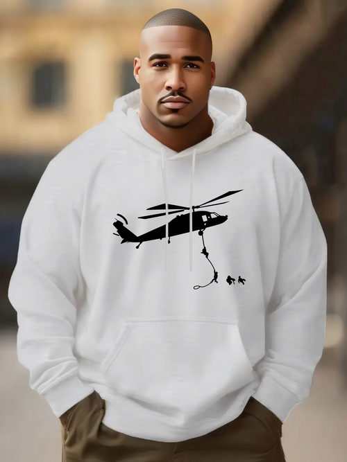 Men's Graphic Hoodie Rescue Scene With Helicopter Lowering Rope Among Small Figures Helicopter