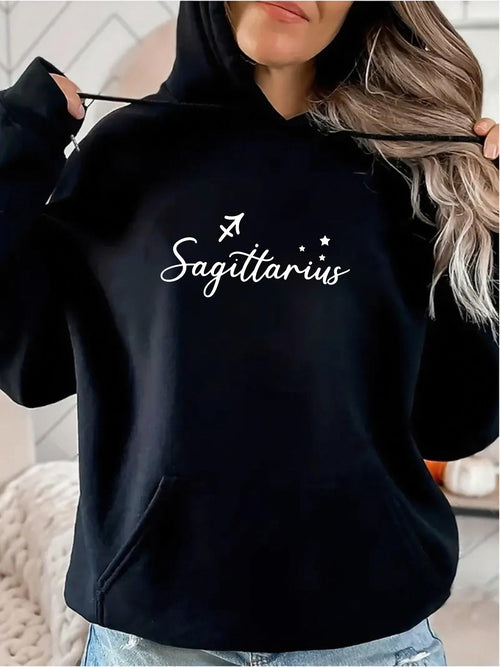 Women's Graphic Hoodie Sagittarius With Tiny Star Accents And Simple White Lettering Hoodie