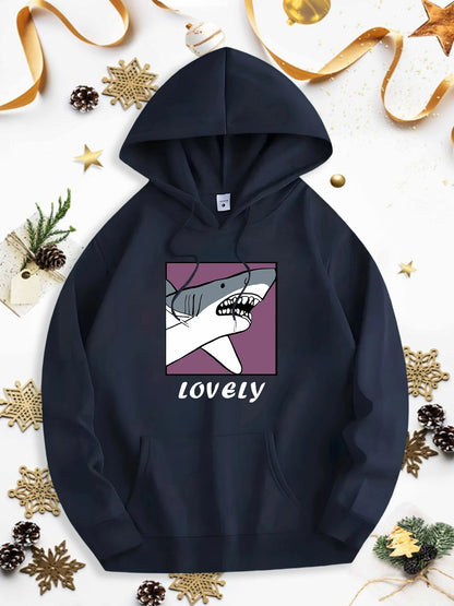 Men's Graphic Hoodie Lovely Cartoon Shark With Purple Framed Block Art Background