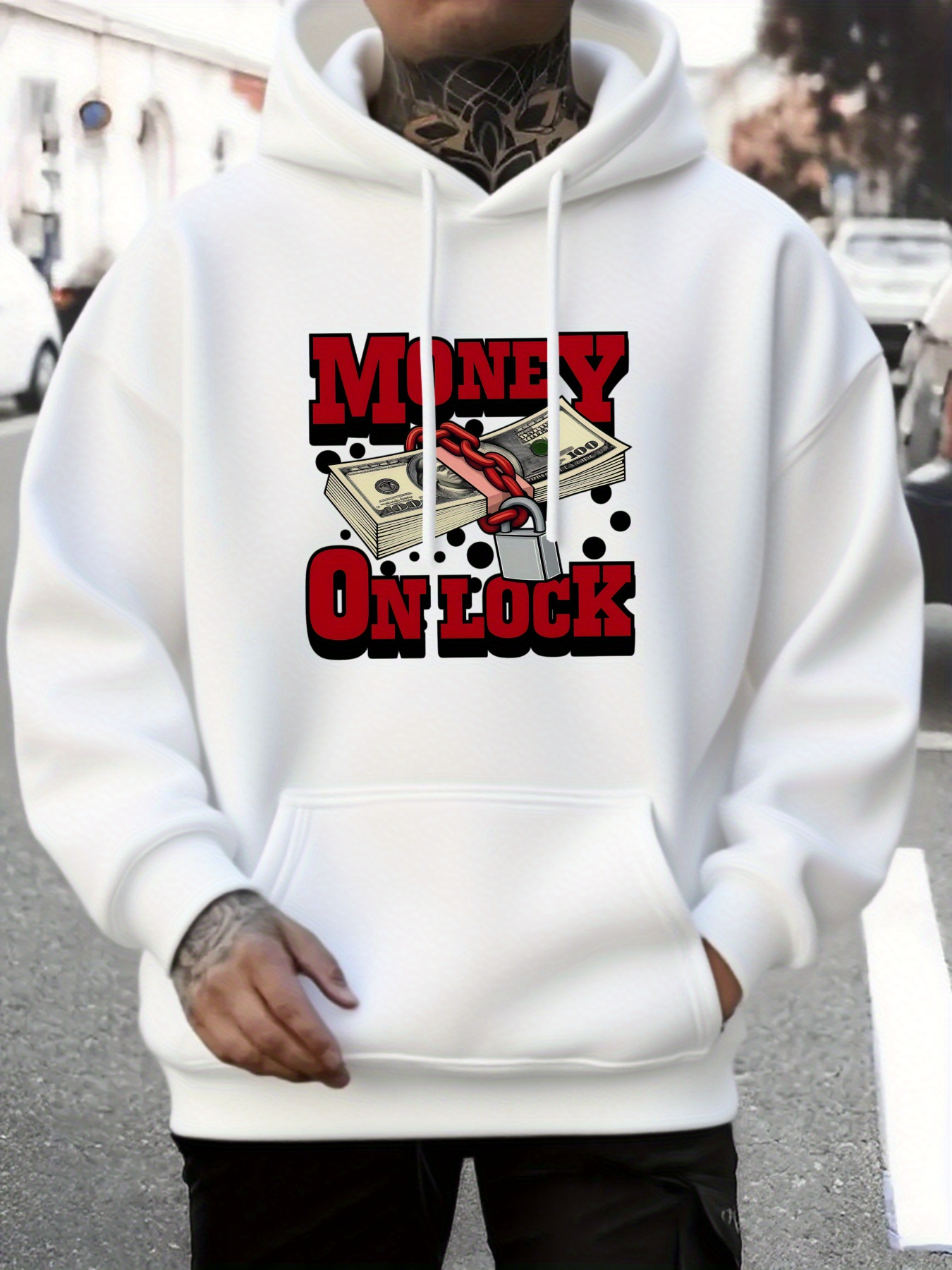 Men's Graphic Hoodie Money On Lock Bundled Cash And Red Padlock Surrounded By Floating Coins
