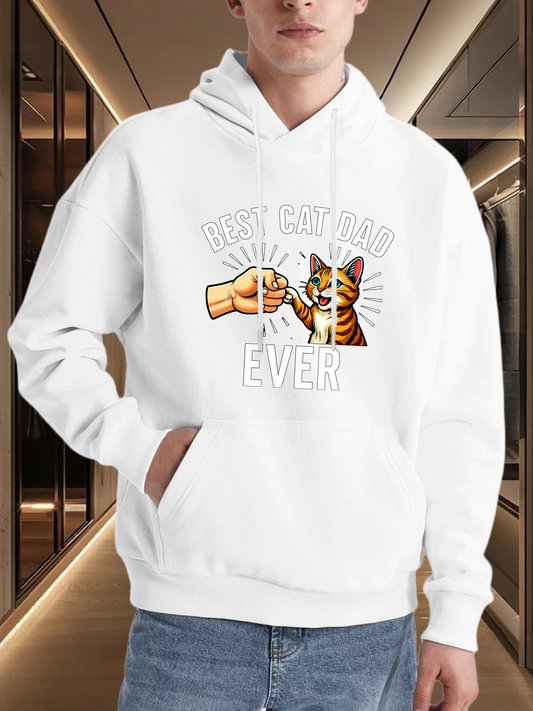 Men's Graphic Hoodie Best Cat Dad Ever With Cartoon Cat Fist Bump Between Man And Cat