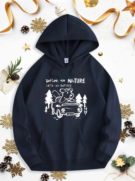 Men's Graphic Hoodie Drive To Nature Cute Bear Among Pine Trees With Classic Vintage Car