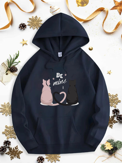Men's Graphic Hoodie Be Mine Romantic Pink And Black Cats Sitting Under Sparkling Stars Night