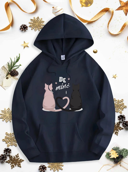 Men's Graphic Hoodie Be Mine Romantic Pink And Black Cats Sitting Under Sparkling Stars Night
