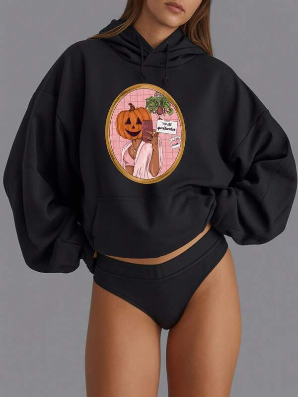 Women's Graphic Hoodie Retro Autumn Pumpkin Head With Cup And Cozy Blanket Woman