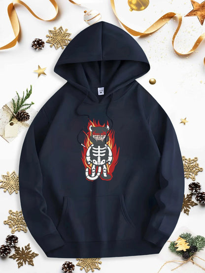 Men's Graphic Hoodie Burning Fiery Skeleton Bones Surrounded By Red Flames Cat