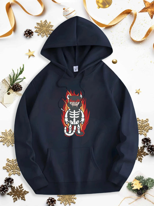 Men's Graphic Hoodie Burning Fiery Skeleton Bones Surrounded By Red Flames Cat
