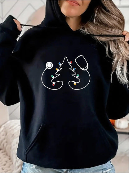 Women's Graphic Hoodie Christmas Lights With Stethoscope Shaped Around Festive Holiday Tree