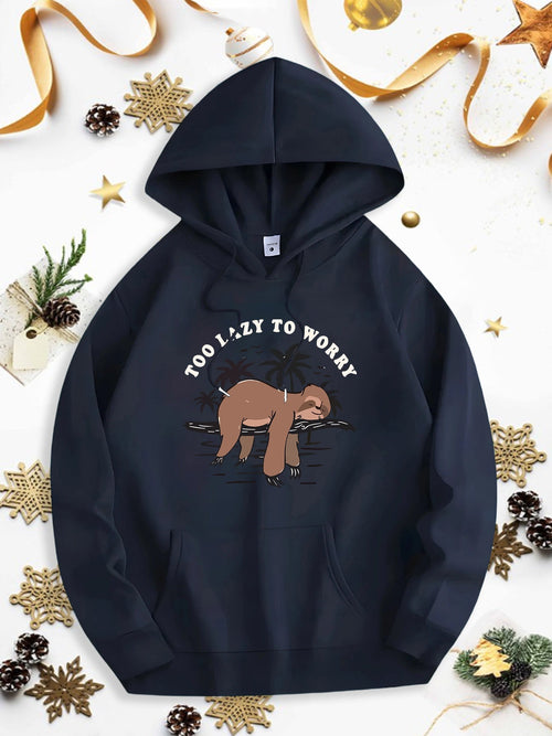 Men's Graphic Hoodie Too Lazy To Worry Sleepy Sloth Resting On Branch While Surrounded By Leaves Sloth