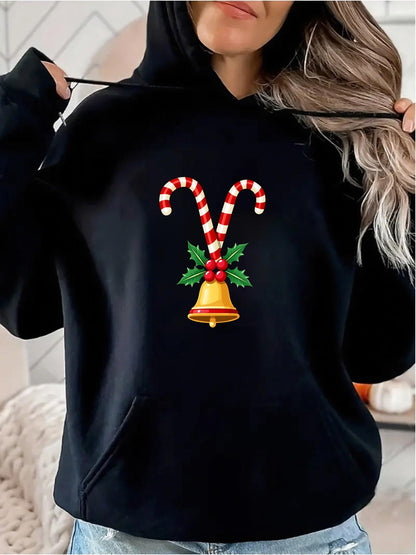 Women's Graphic Hoodie Golden Bell With Festive Candy Canes And Green Holly Leaves