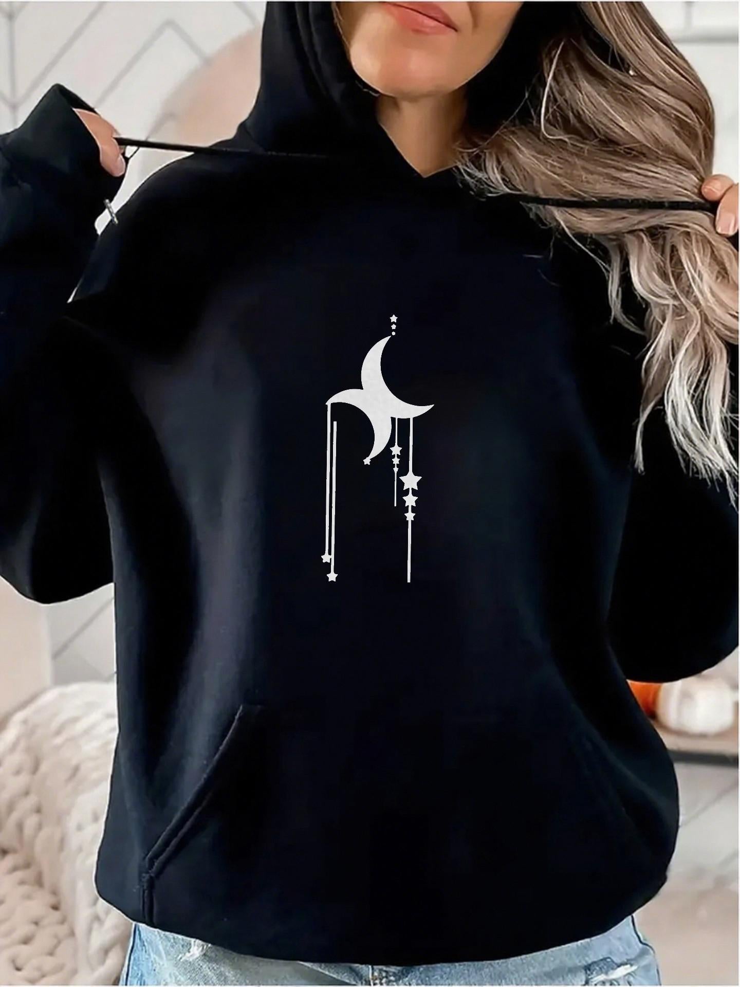 Women's Graphic Hoodie Lunar Phases With Hanging Stardust Over Crescent Moon