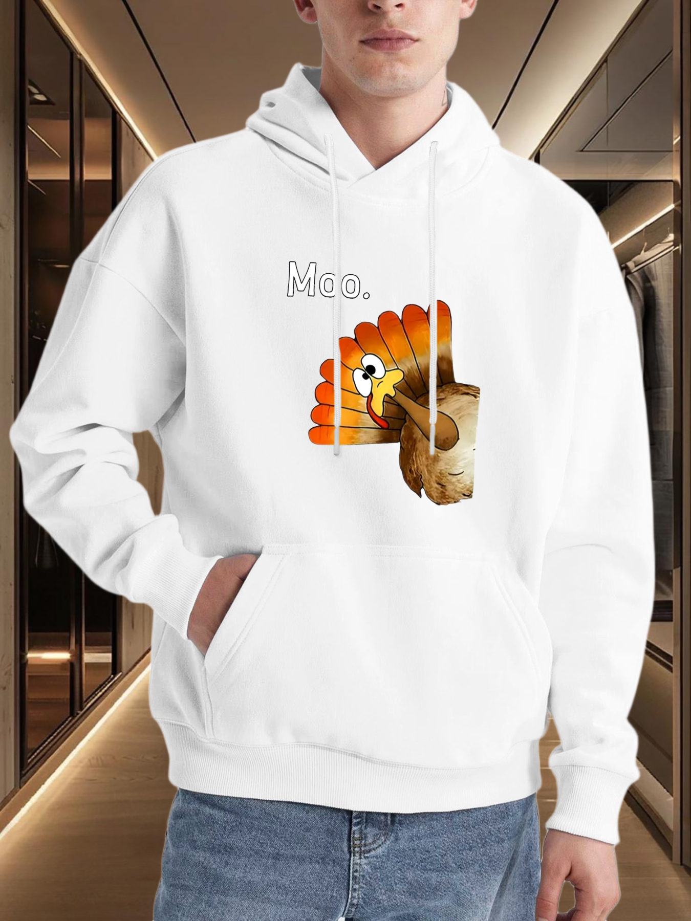 Men's Graphic Hoodie Meh Cartoon Illustration With Brown Feathers Orange Tail Funny Turkey