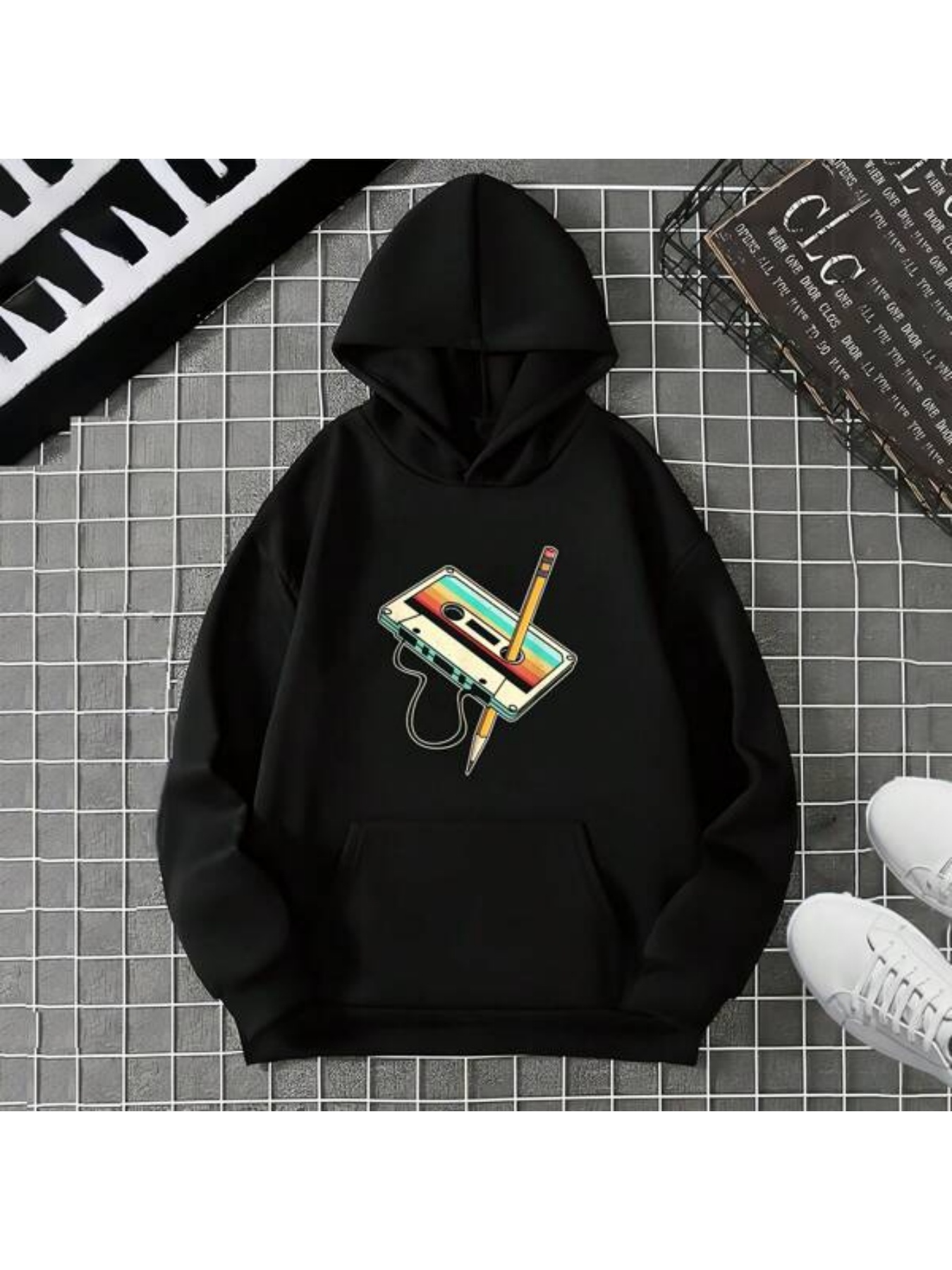 Men's Graphic Hoodie Retro Audio Cassette With Pencil Among Classic Tapes Hoodie