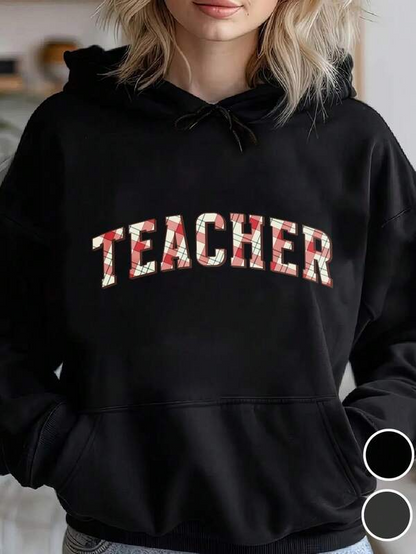 Women's Graphic Hoodie Floral Patterned Letters Adorning A Classic Black Teacher Hoodie