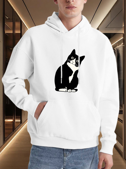 Men's Graphic Hoodie Contemporary Monochrome Cat Sitting In Minimalist Style Hoodie