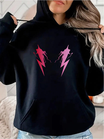 Women's Graphic Hoodie Electric Pink Lightning Bolts With Silhouette Motif On Black Hoodie