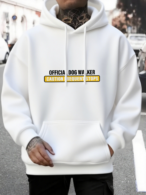 Men's Graphic Hoodie Official Dog Walker Caution Sign Graphic Hoodie With Urban Streetscape