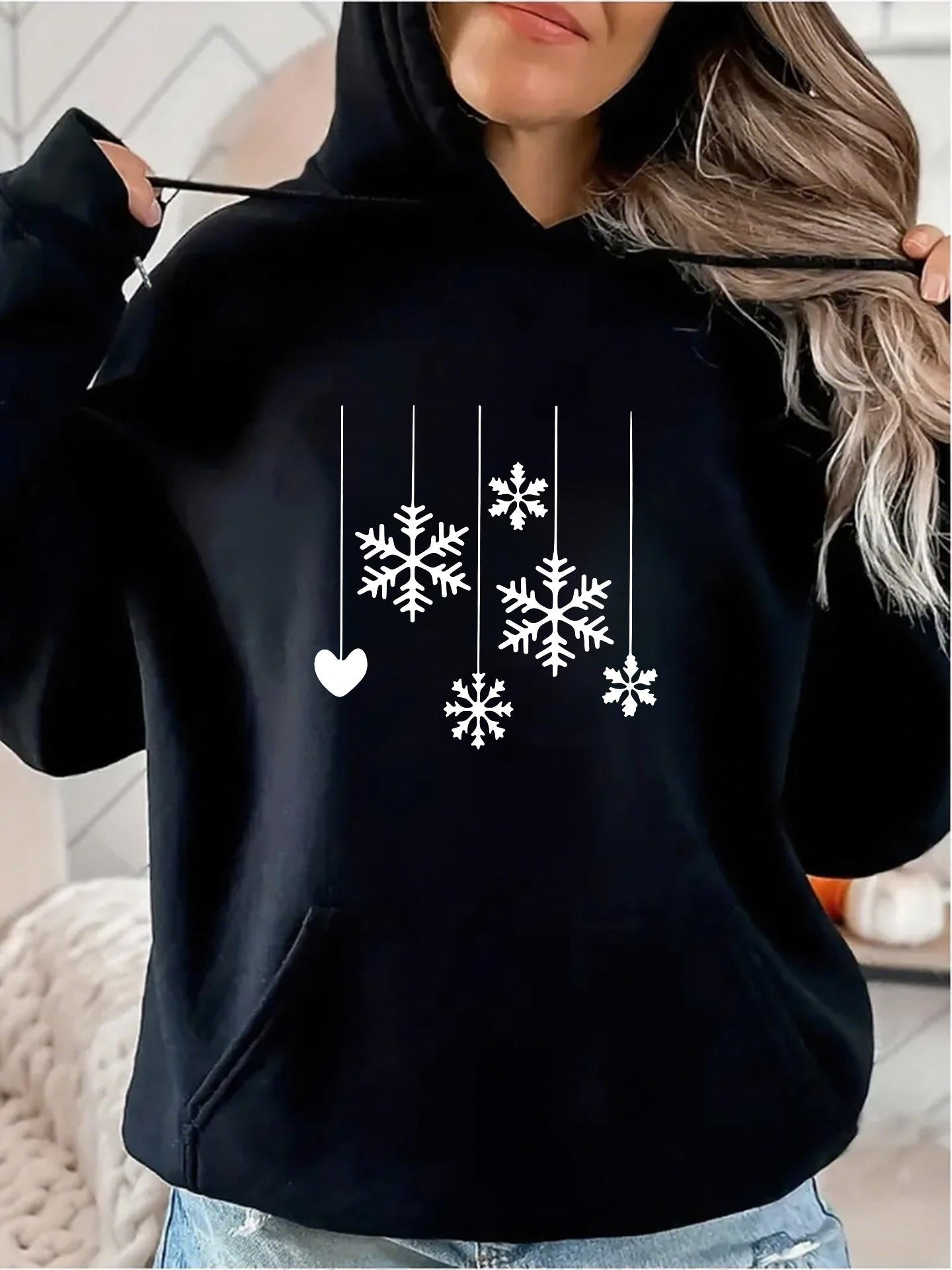 Women's Graphic Hoodie Hanging Snowflakes And Heart On Cozy Winter Hoodie