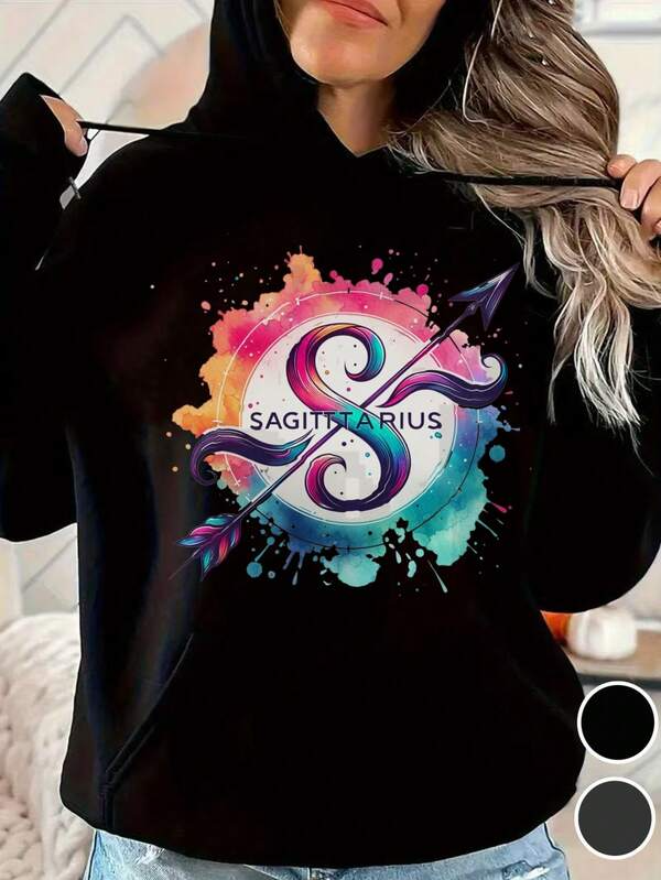 Women's Graphic Hoodie Sagittarius With Vibrant Watercolor Splash And Arrow Zodiac Symbol