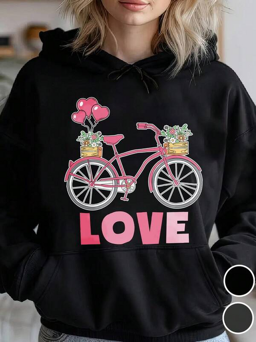 Women's Graphic Hoodie Love With Pink Balloons Baskets Flowers Classic Bicycle