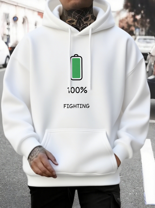 Men's Graphic Hoodie Battery Icon With Charging Symbol Showing Full Power Hoodie