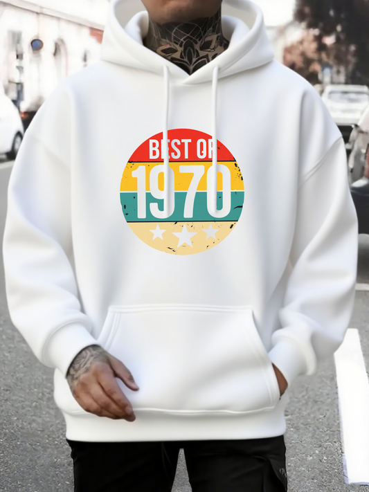 Men's Graphic Hoodie Best Of 1970 Retro Style With Grunge Texture Circle Emblem