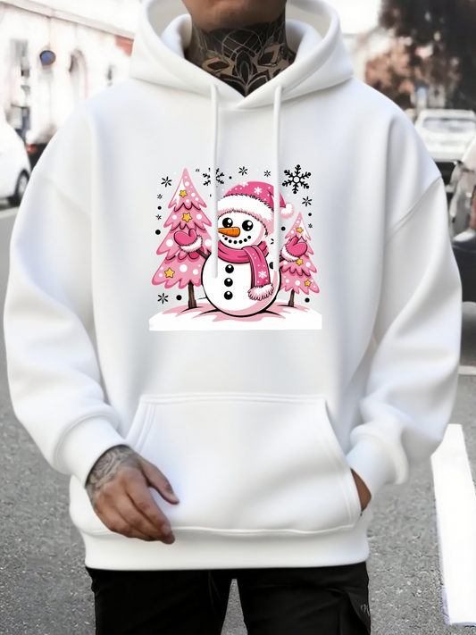 Men's Graphic Hoodie Cheerful Pink Trees Snow Sparkling Winter Joyful Snowman