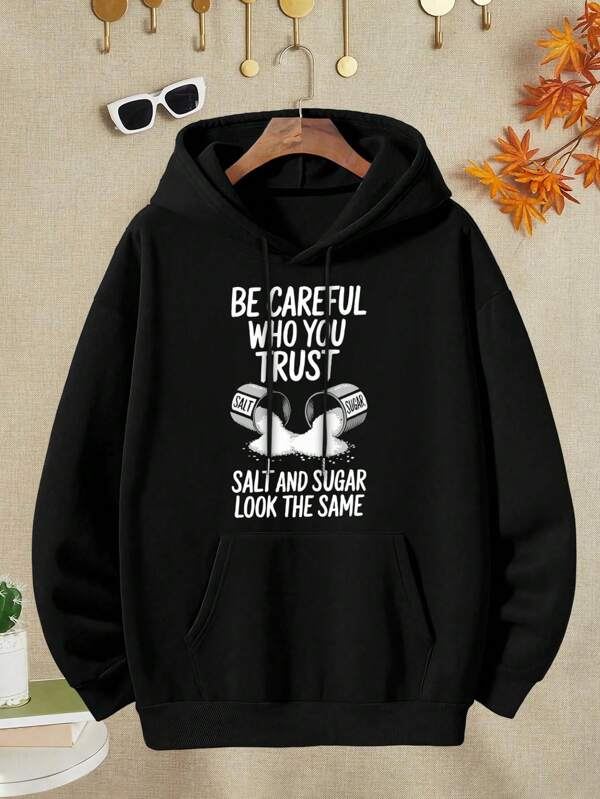 Women's Graphic Hoodie Be Careful Who You Trust Illustrated Hands Pouring Salt And Sugar Over Black Hoodie