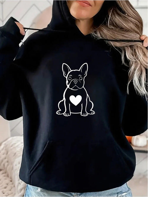 Women's Graphic Hoodie Outlined Cute Sitting Dog With Heart Motif In Center