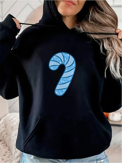 Women's Graphic Hoodie Blue Winter Striped Candy Cane Surrounded By Frosted Snowflake Motifs Candy Cane