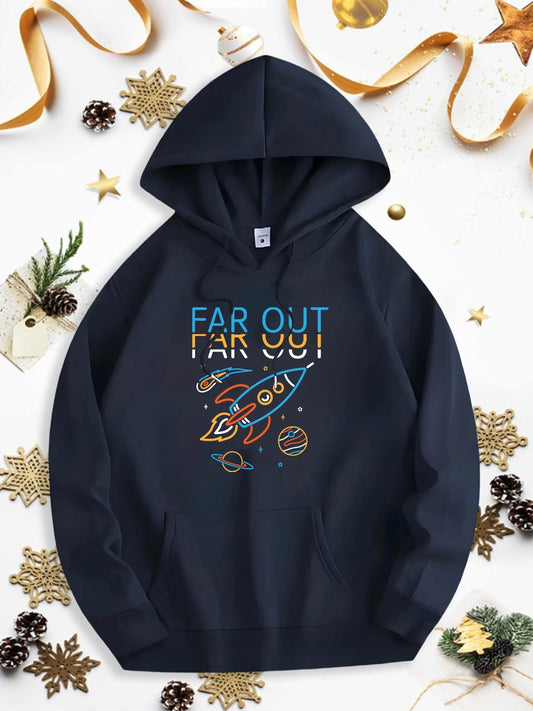 Men's Graphic Hoodie Far Out With Shooting Stars Planets And Cartoon Rocket Spaceship