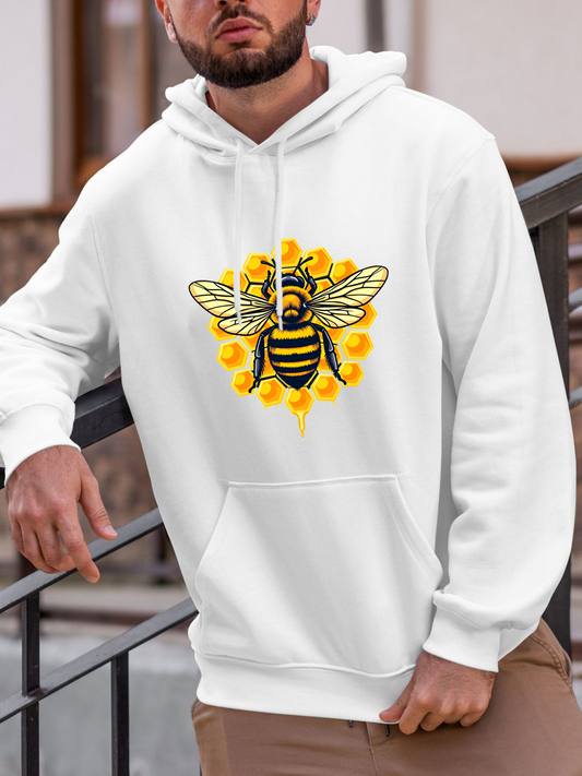 Men's Graphic Hoodie Bold Yellow Honeycomb Pattern With Flying Bee Surrounded By Blossoms Bee