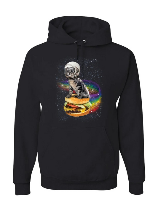 Men's Graphic Hoodie Galactic Starry Space With Cat Astronaut Riding A Burger