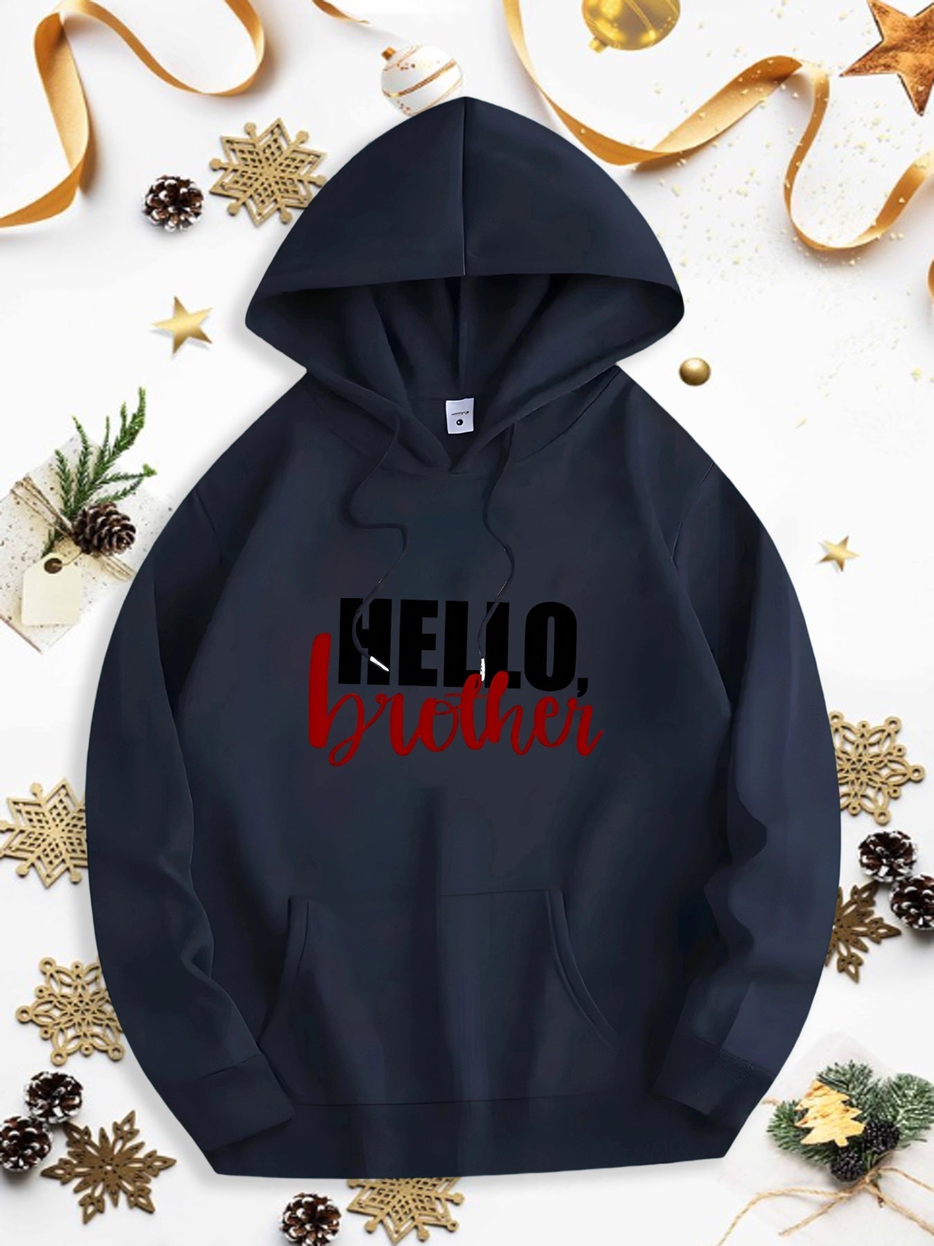 Men's Graphic Hoodie Hello Brother Black Bold Lettering Over Soft Cotton Hoodie
