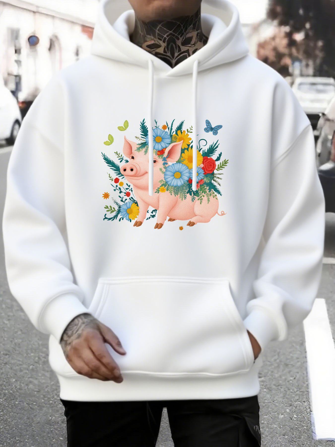 Men's Graphic Hoodie Colorful Floral Patterns With Playful Butterflies Surrounding A Cute Pink Pig