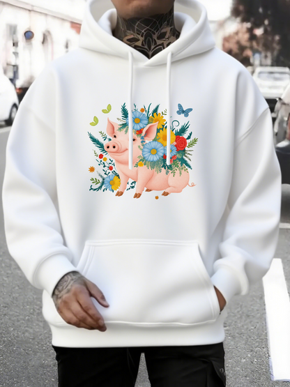 Men's Graphic Hoodie Colorful Floral Patterns With Playful Butterflies Surrounding A Cute Pink Pig