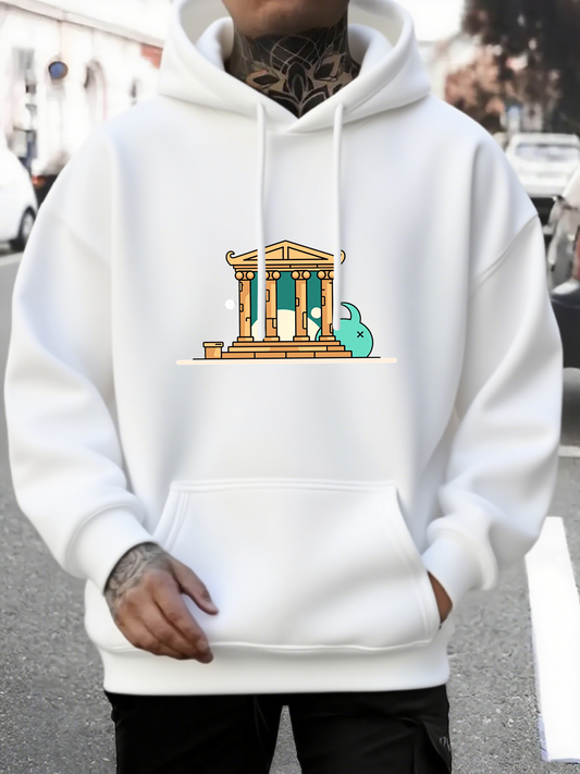 Men's Graphic Hoodie Cartoon Temple With Playful Green Creature Among Classic Pillars Hoodie