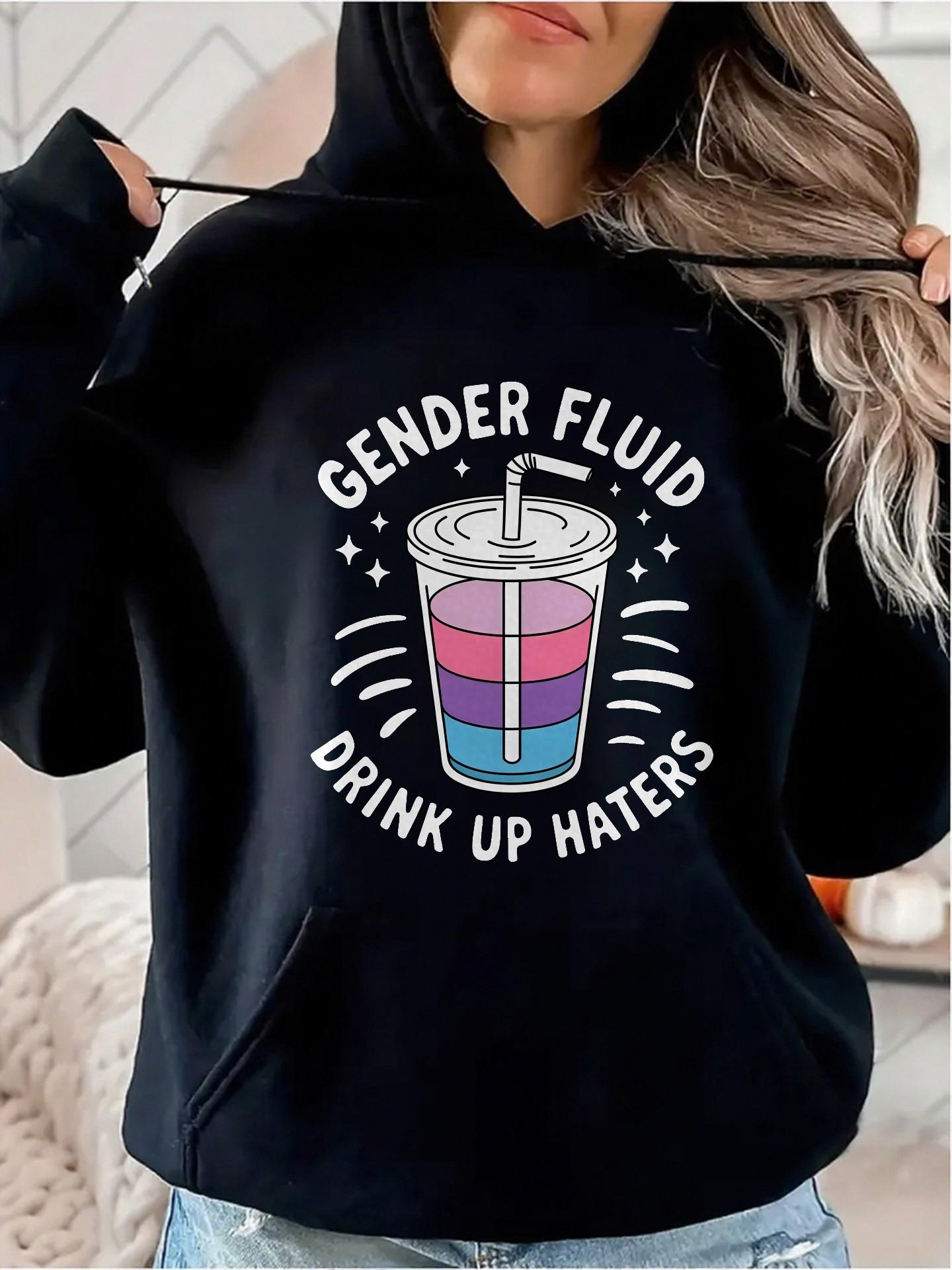 Women's Graphic Hoodie Gender Fluid Drink Up Haters Striped Cup With Bubbly Whimsical Pattern Straw Surrounded By Sparkles Beverage