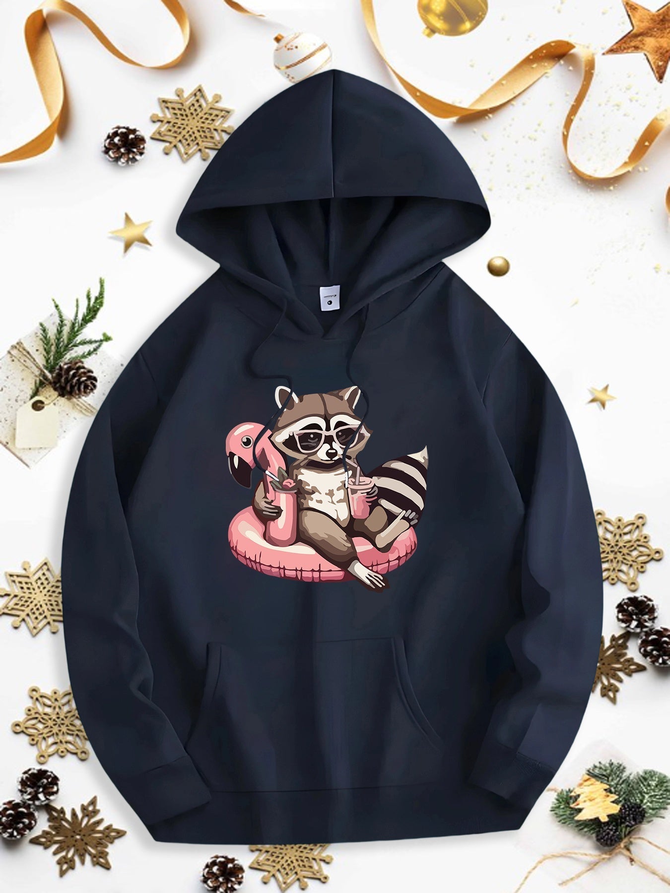 Men's Graphic Hoodie Relaxed Summer Scene With Sunglasses And Float Under Palm Leaves Raccoon