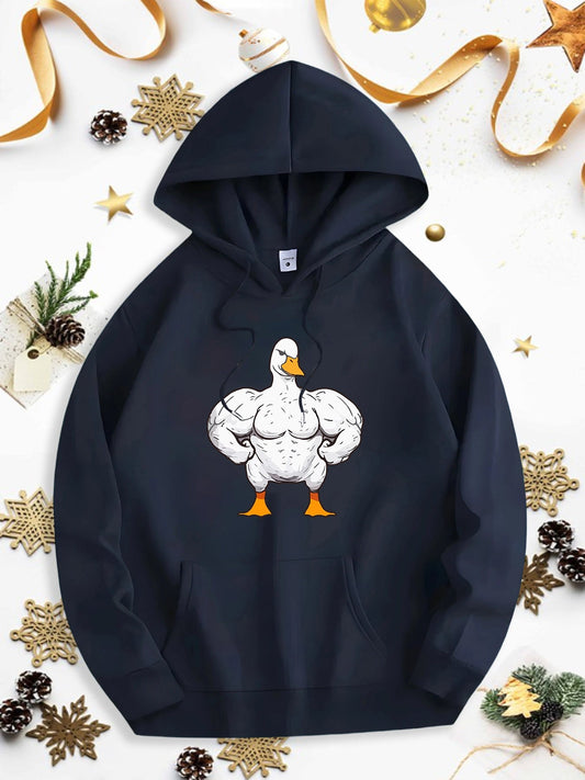 Men's Graphic Hoodie Cartoon Bodybuilder Duck With White Feathers And Orange Webbed Feet Hoodie